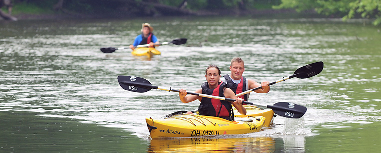 <p>Kent State students enjoy an afternoon on the Cuyahoga River, kayaking from the new canoe and kayak livery at John Brown Tannery Park in downtown Kent, Ohio.</p>